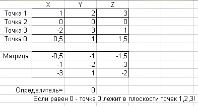 Точка в плоскости, образованной другими 3 точками (Excel)