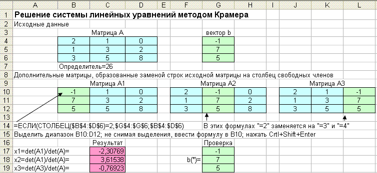Решение СЛАУ методом Крамера в Excel