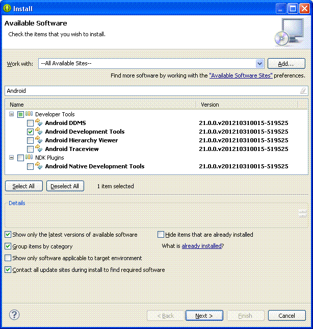 Установка ADT, Android Development Tools